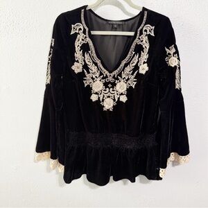 Boston Proper Black Velvet Blouse with Cream Embroidery